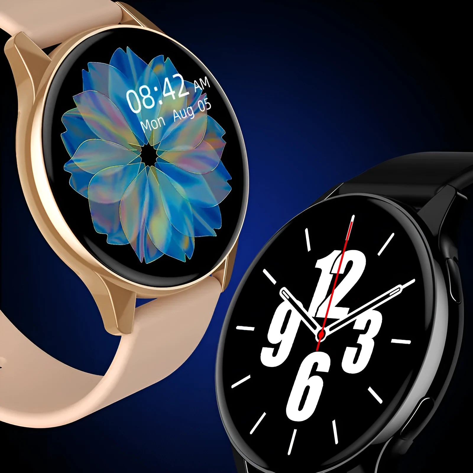 Round TFT touch screen smart watch with Bluetooth calling and heart rate monitoring in black mesh belt