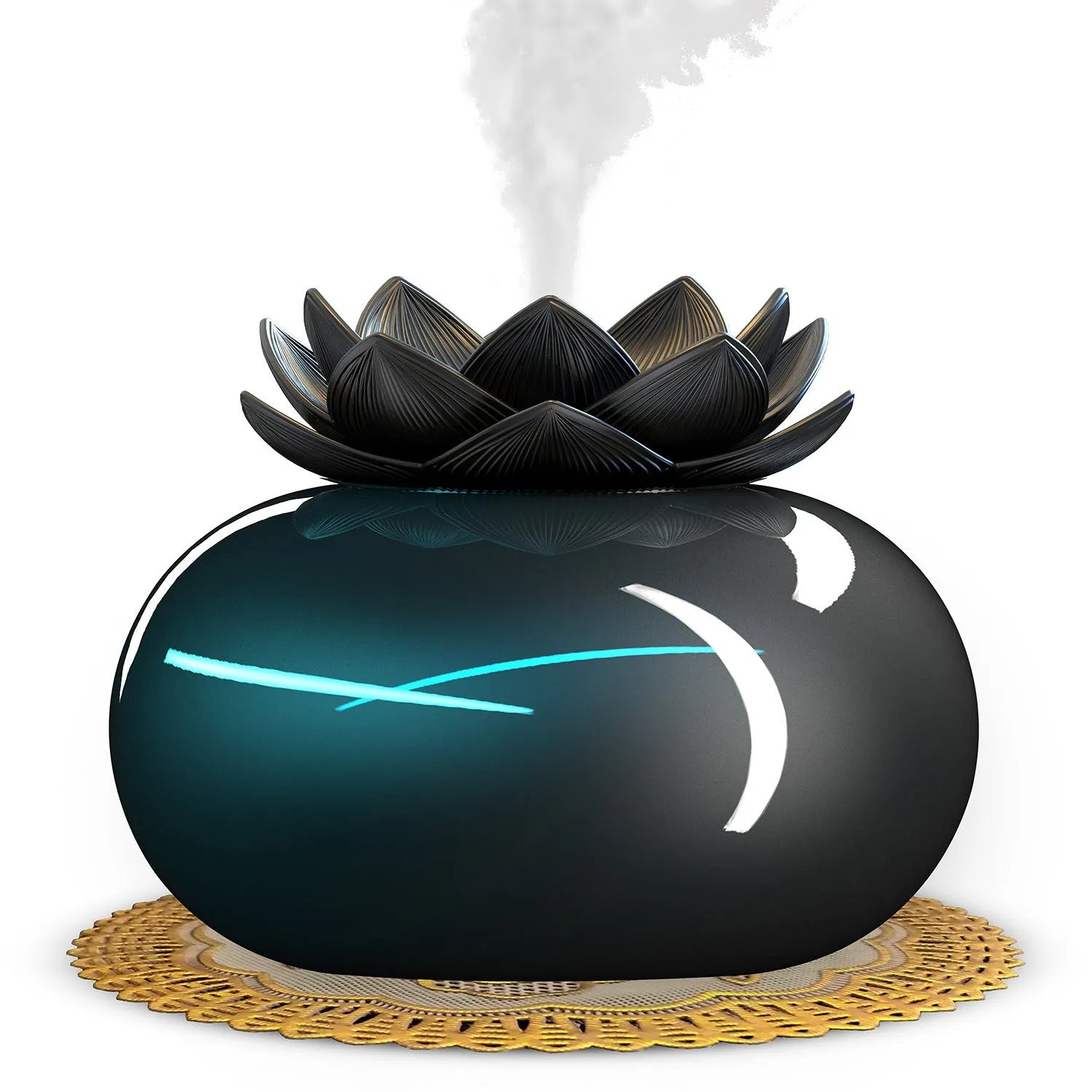Pure black lotus shaped ultrasonic humidifier with USB connection and ceramic plastic construction