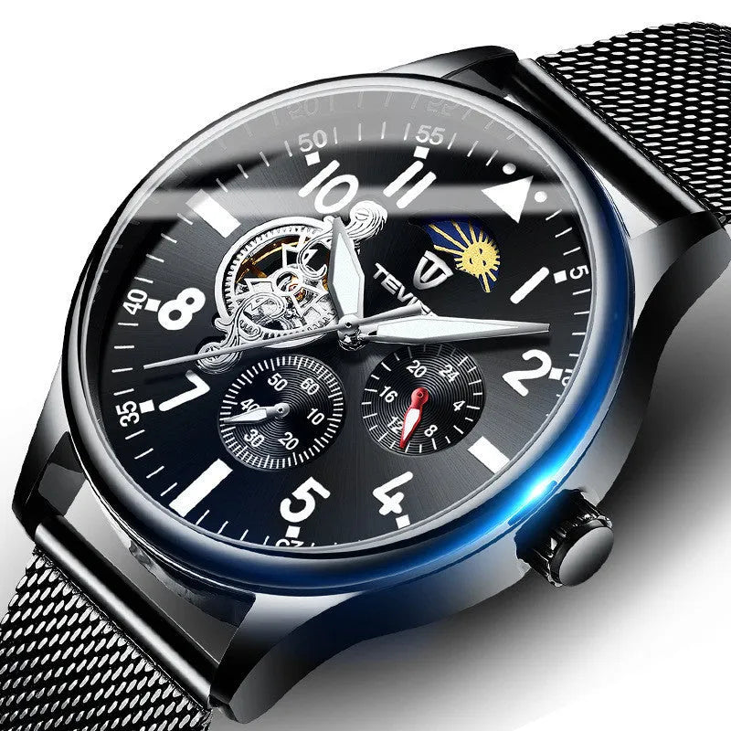 Men's black mechanical watch with skeleton caseback showing movement through transparent back