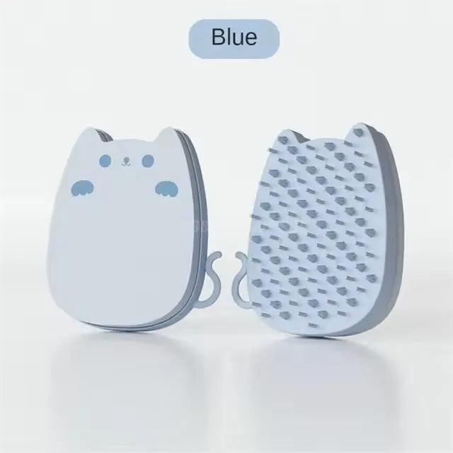 Brown sponge silicone pet hair removal brush with comb teeth on a wooden surface