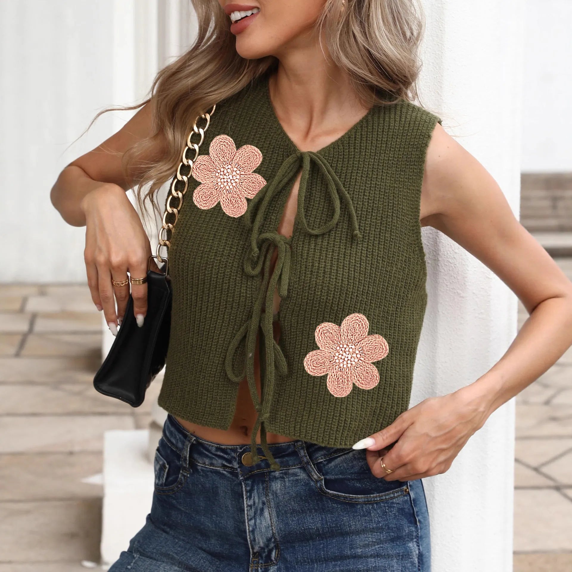 Ladies' lace-up cardigan vest with bow straps in deer plush fabric, short 40cm length