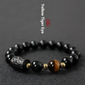 Obsidian bracelet with 10mm red tiger eye beads, unisex retro design featuring circle elements
