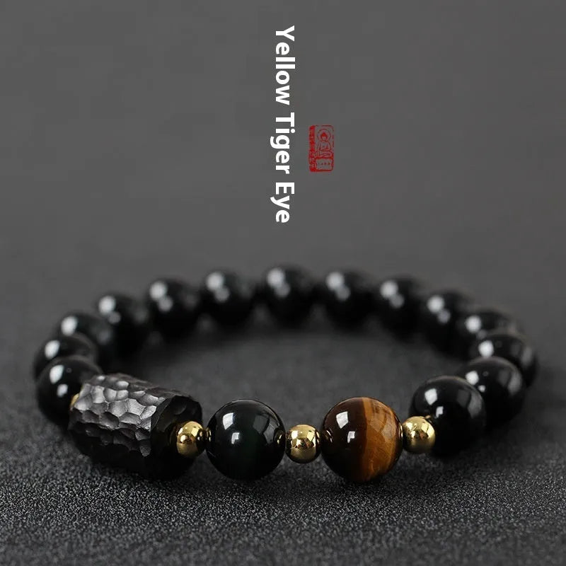 Obsidian bracelet with 10mm red tiger eye beads, unisex retro design featuring circle elements