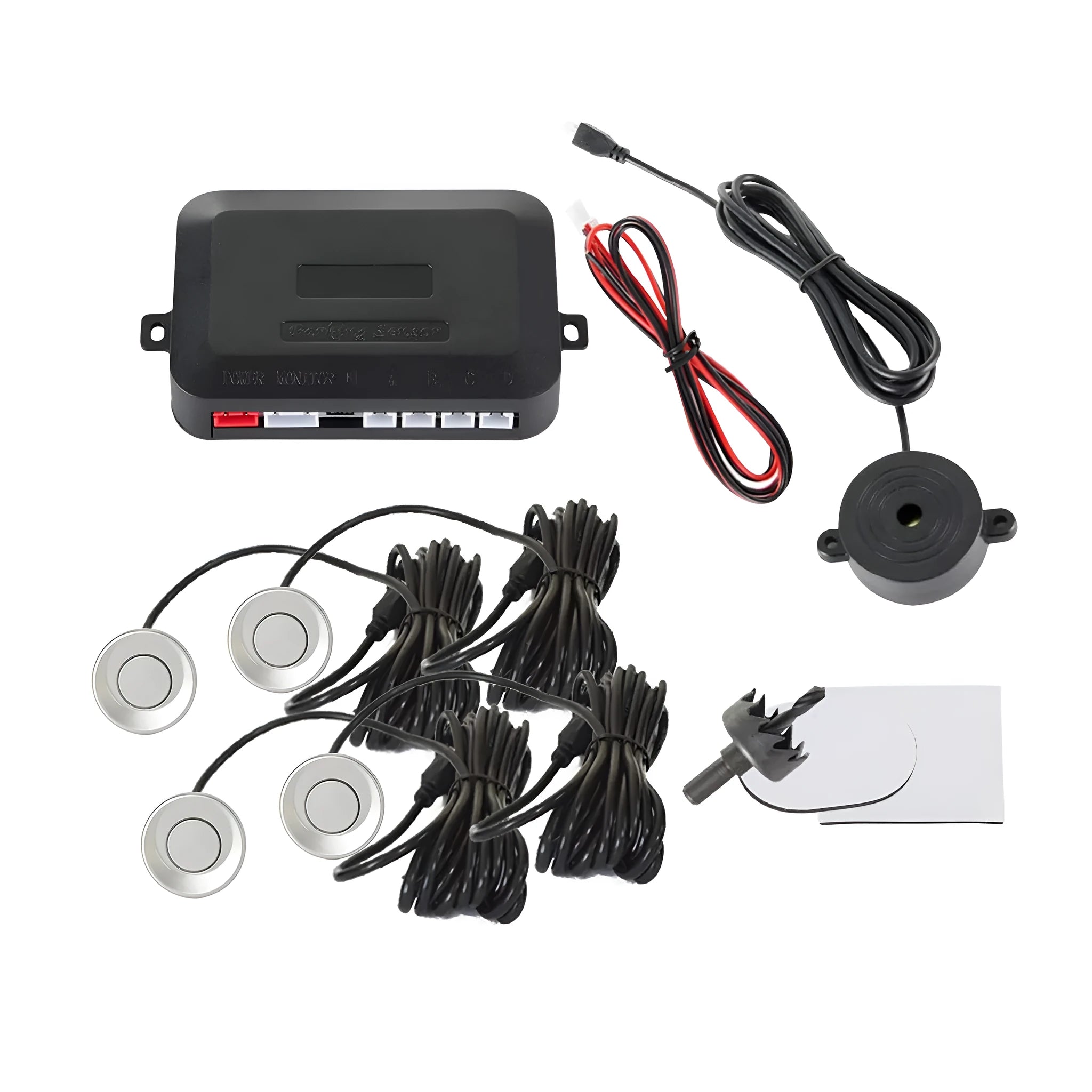 4-probe buzzer reversing radar kit with sensors, control module, and installation tools