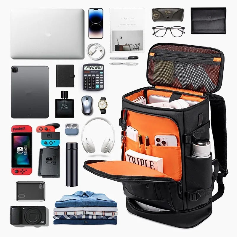 Black Oxford cloth travel bag with USB interface, curved shoulder strap, and 16-inch computer fit