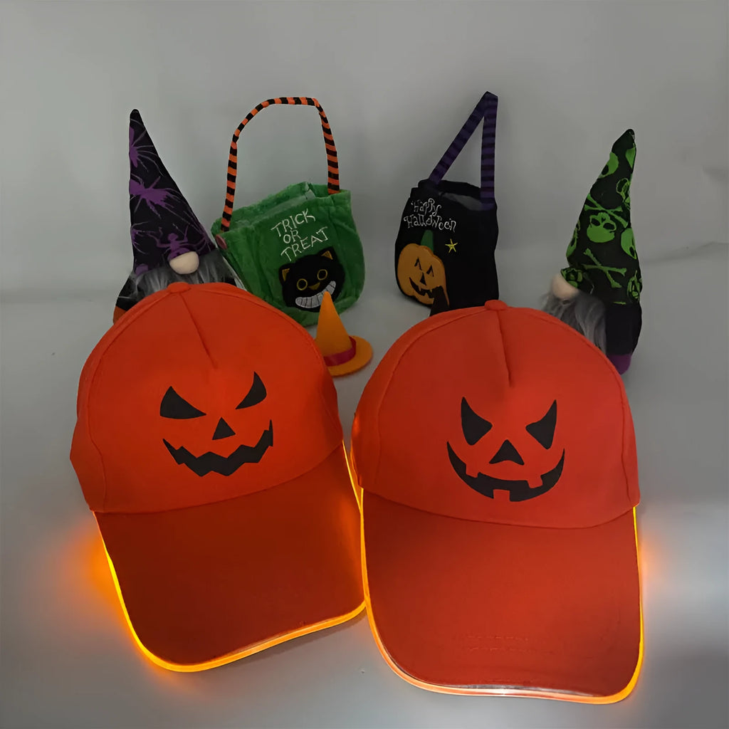 Halloween LED baseball cap showing light-up pumpkin design on black cloth material