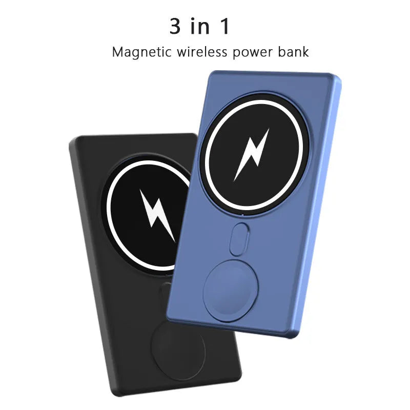 Black three-in-one magnetic wireless charging power bank with 5000mAh battery and aluminium shell