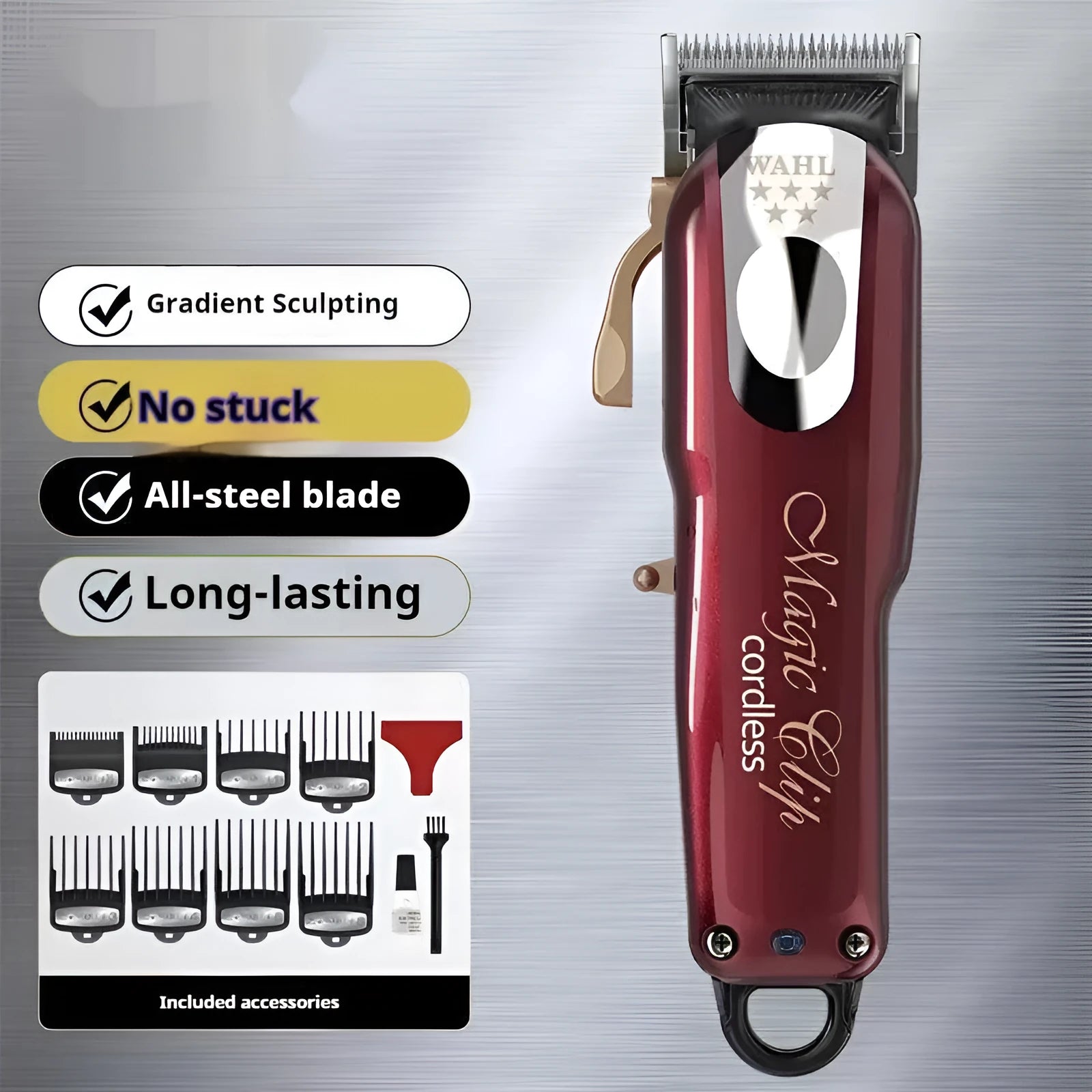 Charging hair clippers with stainless steel cutter head and EU, UK, US plug adapters for adults and children