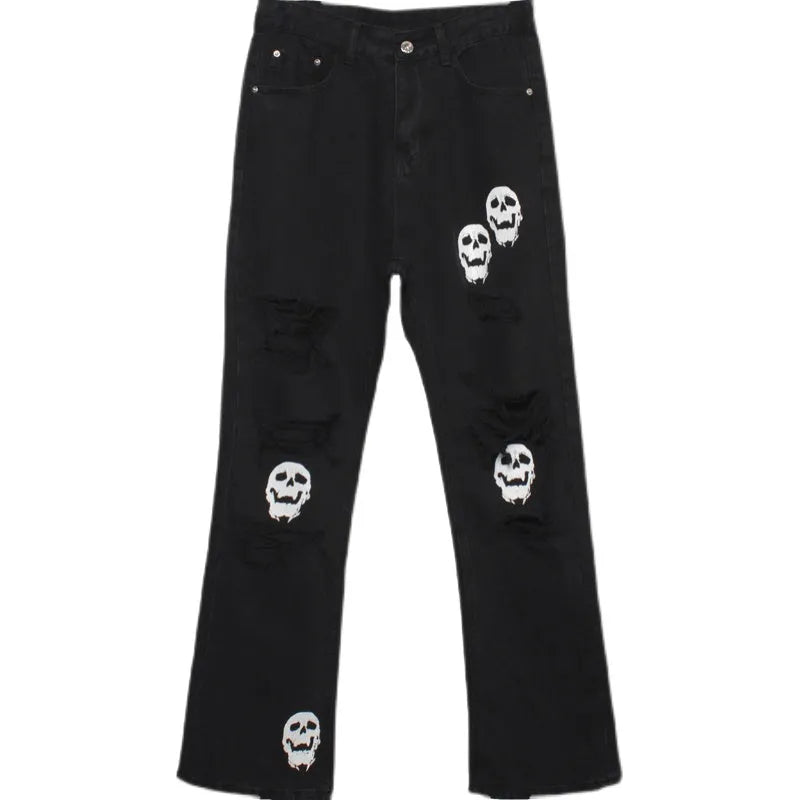 Black cotton denim jeans with skull and crossbones distressed design, mid waist, fit flared horn trousers for men.