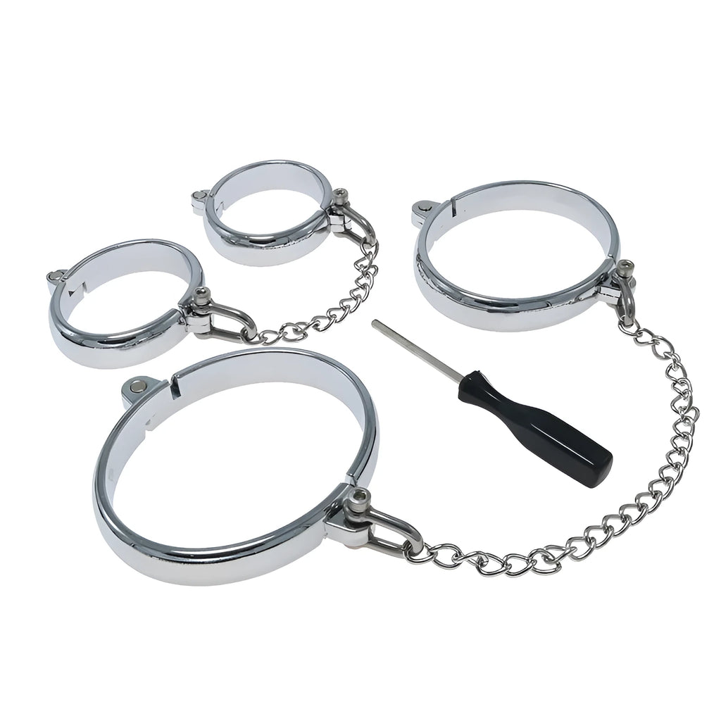Silver zinc alloy handcuffs and footcuffs with stainless steel bracelet closures for adult restraints