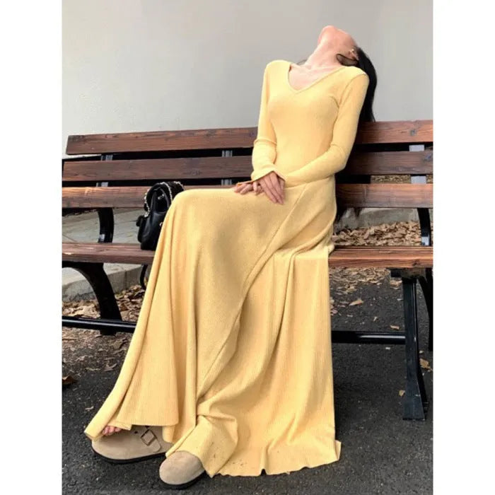 Knitted women's autumn winter dress with high-waist, hood, long sleeves, solid colour mid-length