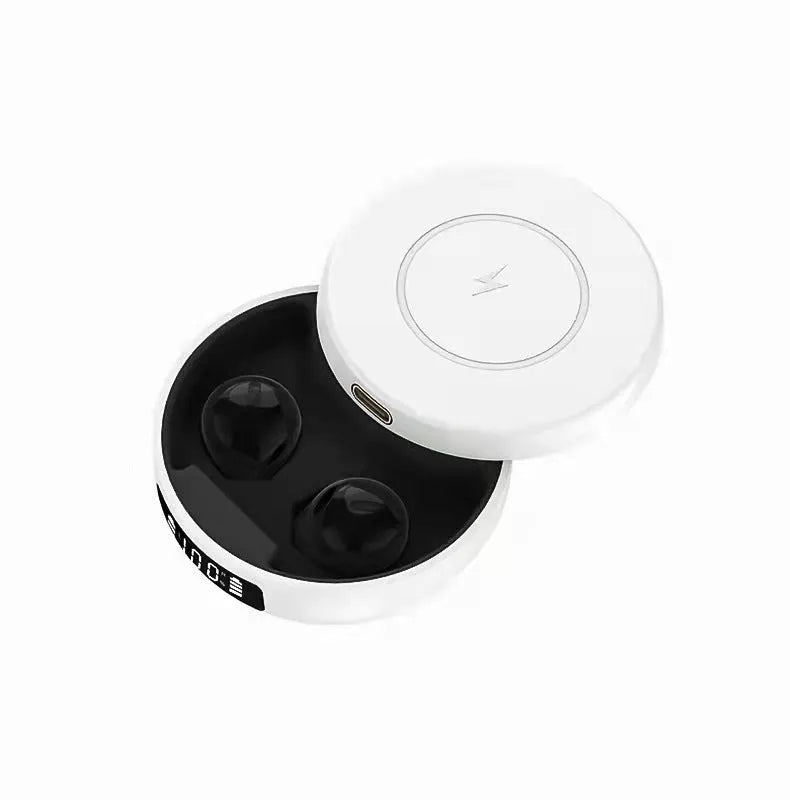 Mini semi-in-ear wireless headphones with a charging case in black, white, and coloured variants.