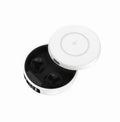 Mini semi-in-ear wireless headphones with a charging case in black, white, and coloured variants.