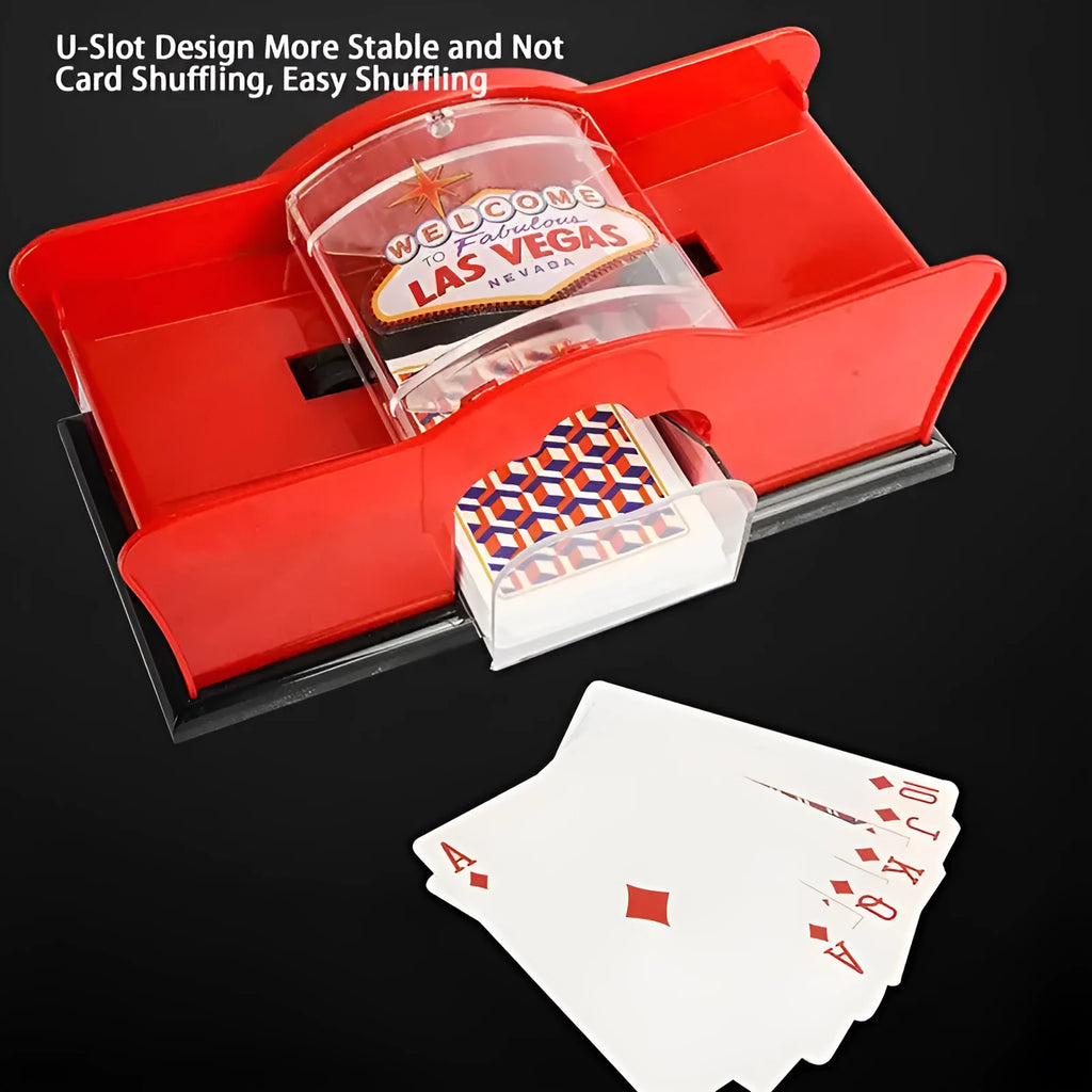 Black and red manual hand-crank card shuffler machine for casino games on a table.