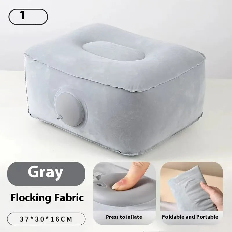 Inflatable seat cushion with flocked surface, shown inflated and folded for portability.