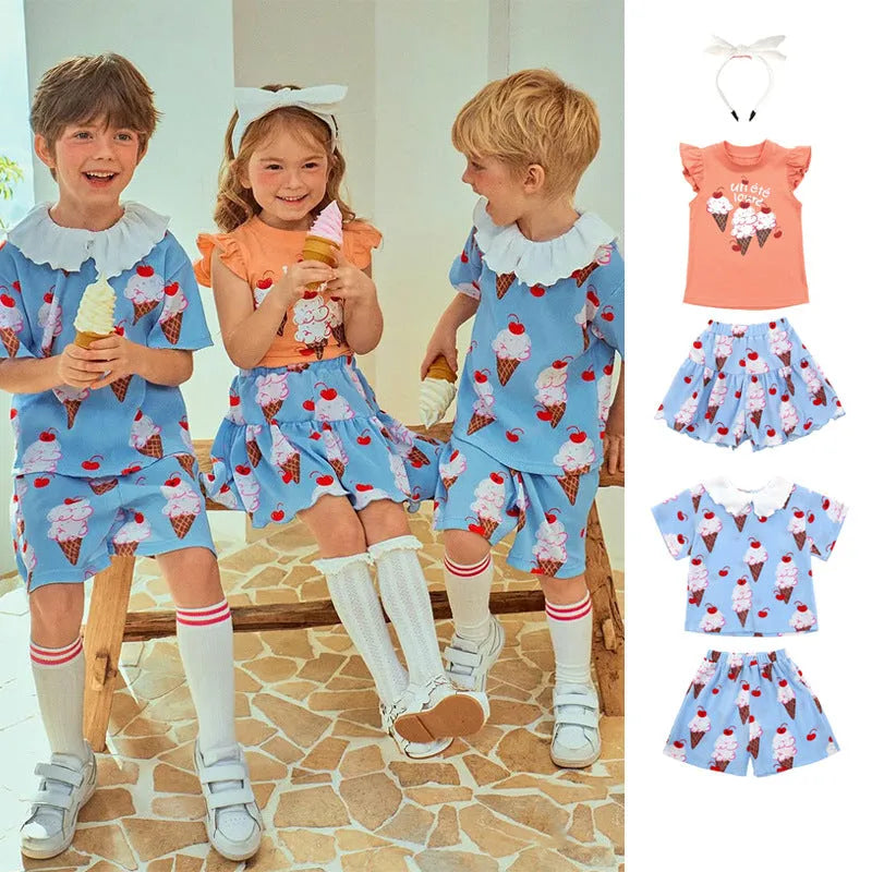 Children's Ice Cream pleated T-shirt shorts Korean set in BE Blue Suit, two-piece summer outfit on white background
