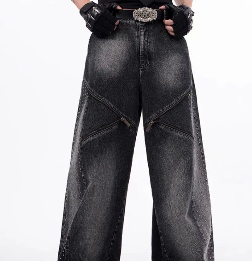 Korean style washed denim two-piece set with wide leg pants and matching waistcoat in black and grey
