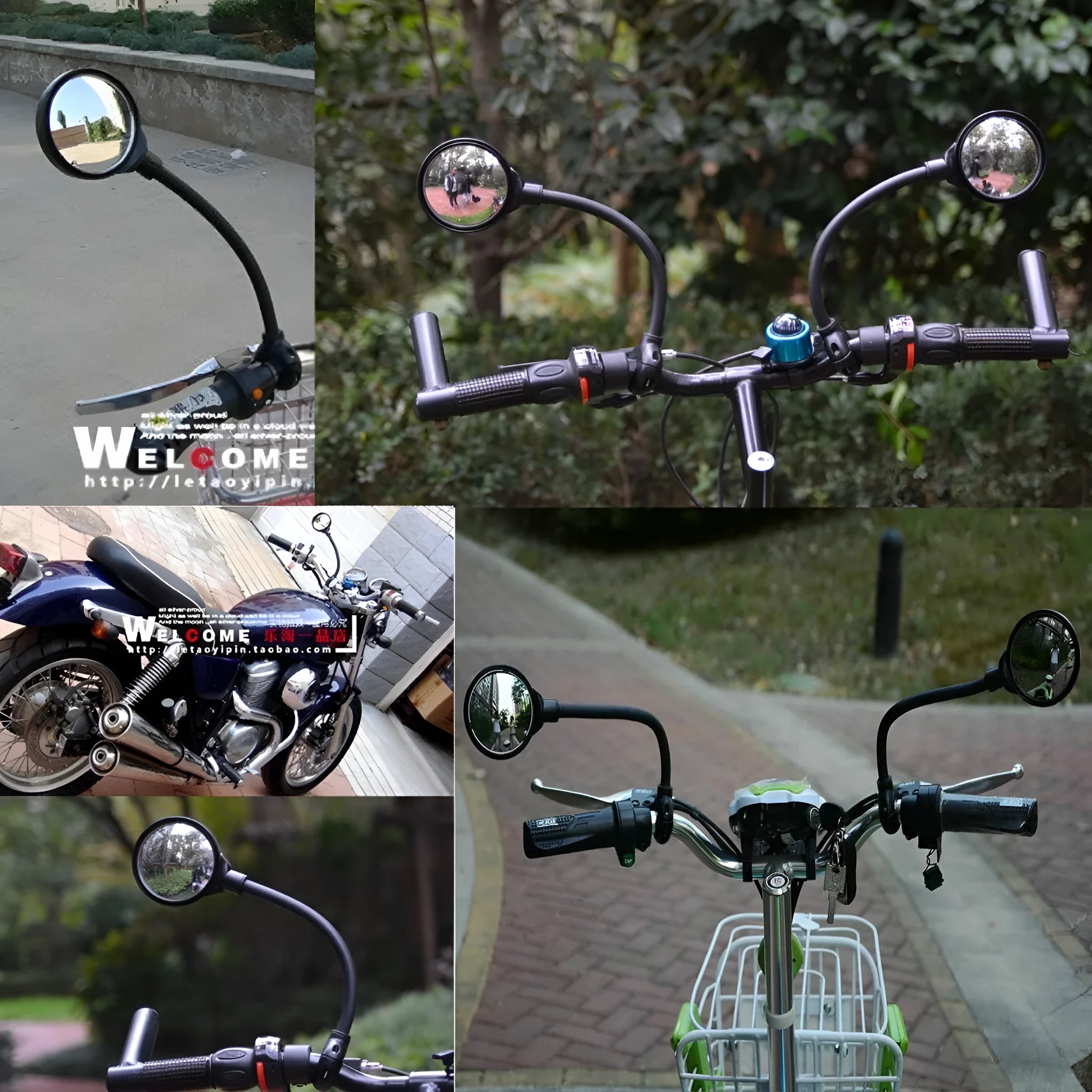 Black metal bicycle rearview mirror with hose adjustment clamp for handlebar mounting