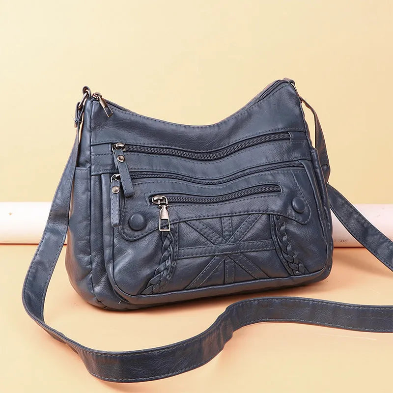 Casual Messenger Bag Multi-layer Multi-pocket PU Leather Bag for Daily Use Black Blue Brown Gray Red Soft Polyester Lining Sandwich Pocket Style