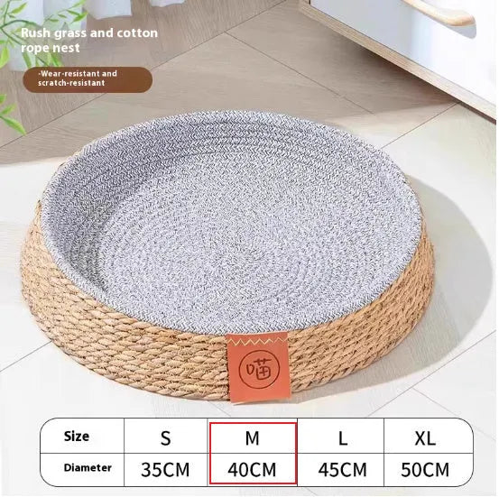 Natural rattan woven cat nest bed for pets, shown in one of four available sizes.