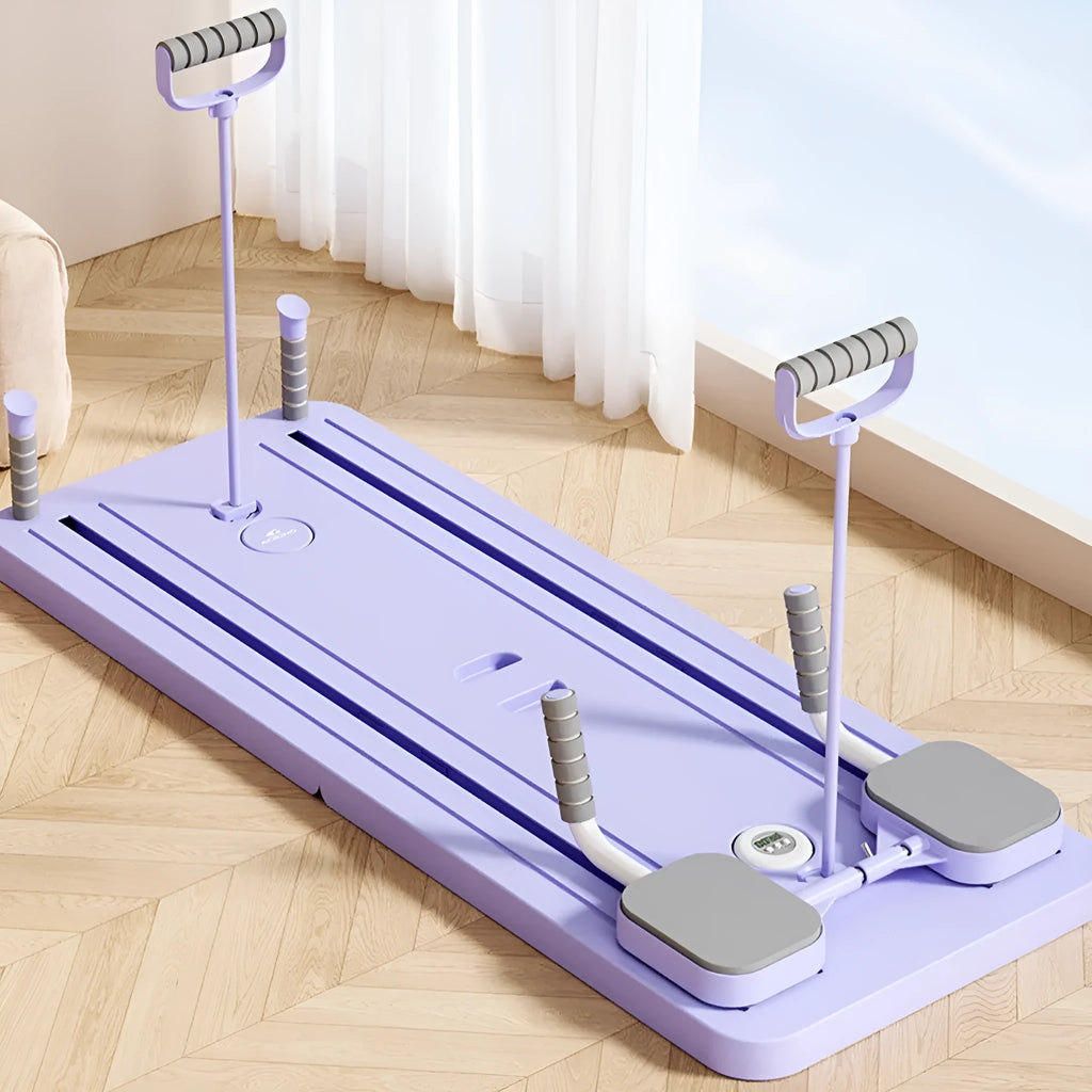 Purple multi-functional fitness board with an automatic rebound abdominal wheel for core and full-body home workouts.