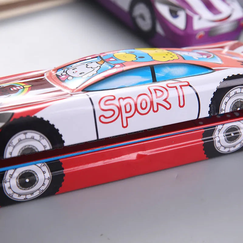 Cartoon pattern racing car shape metal tinplate pencil case with double-layer design