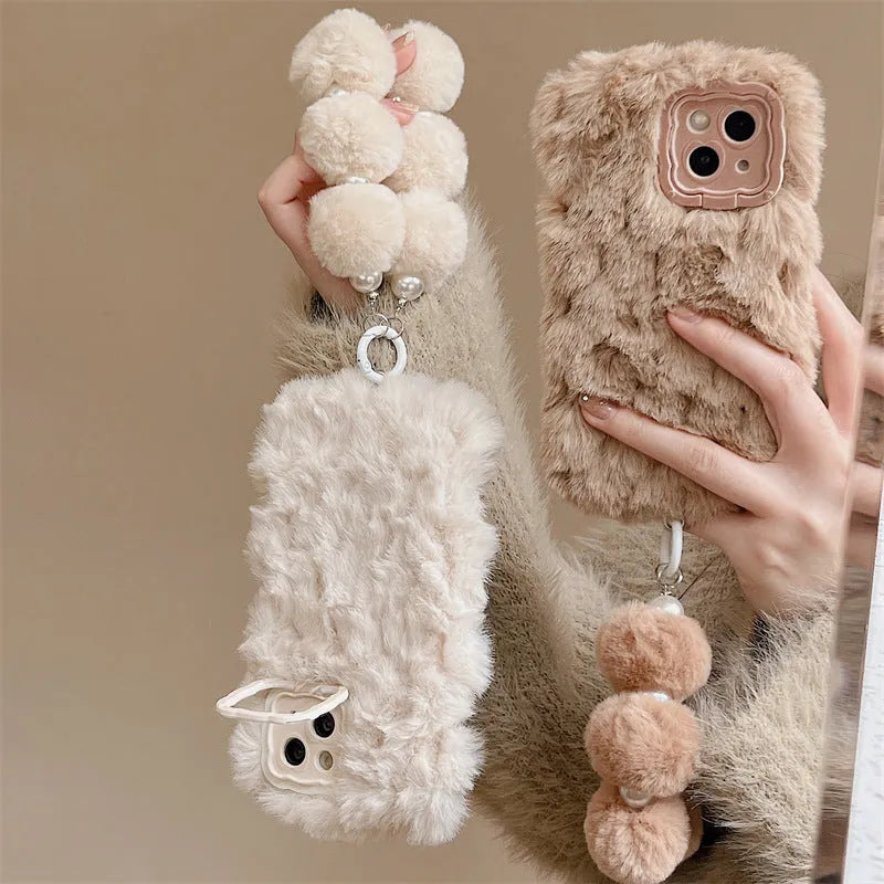 Plush flannel phone case with brown hollow bracket and chain lanyard for Huawei and iPhone