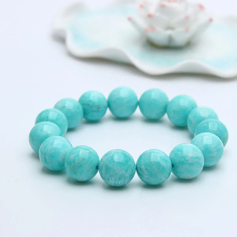Natural amazonite bead bracelet on wrist showing stone colour and bead sizing