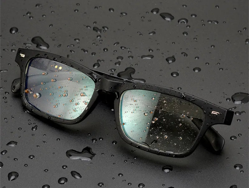 Semi-open Bluetooth smart glasses with PC+ABS frame and anti-blue light lenses on a black background.