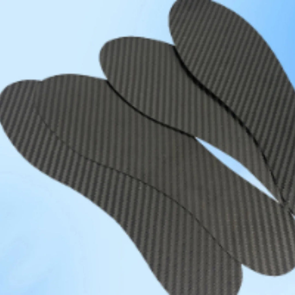Pair of black 3K full palm carbon fibre running insoles for shock absorption, shown with size and thickness options.