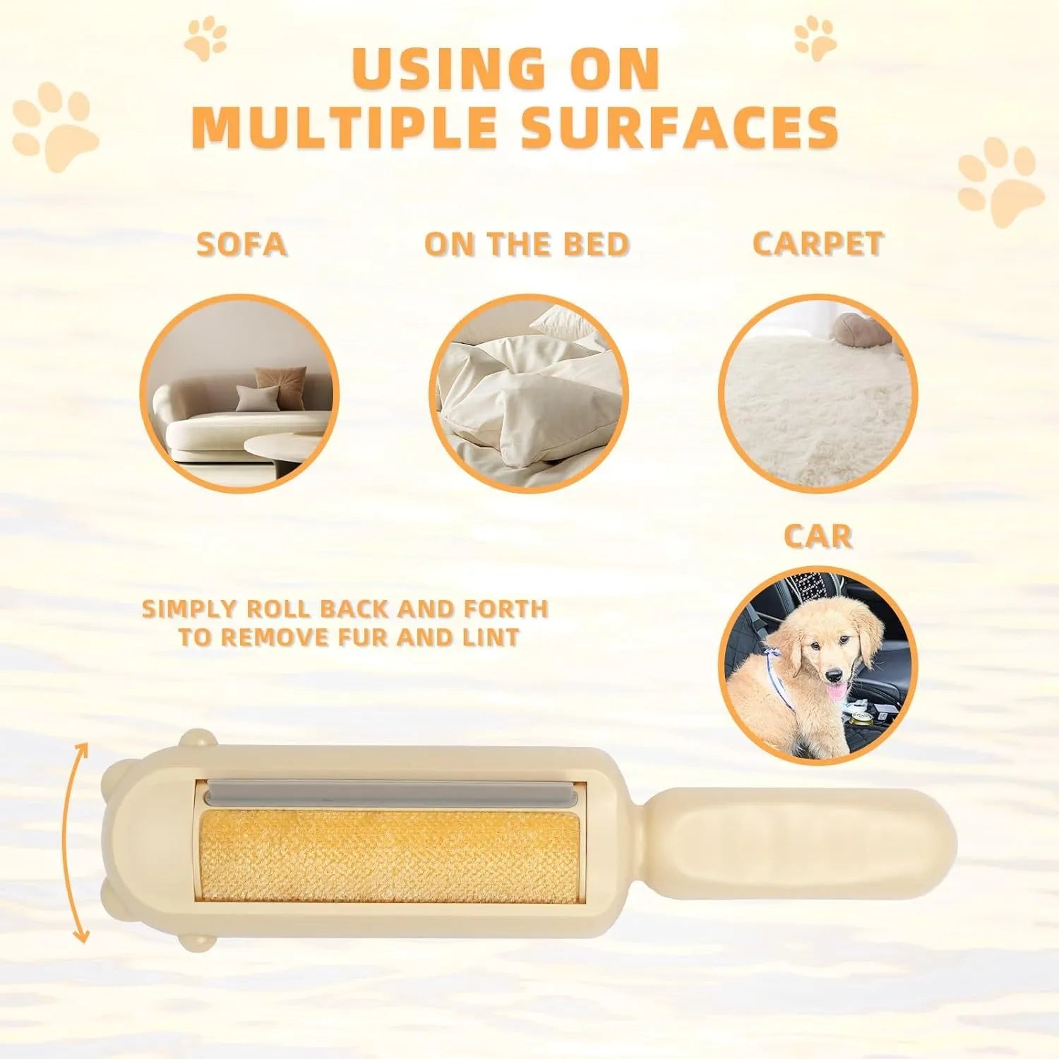 Blue reusable pet hair remover with self-cleaning base on a carpet.