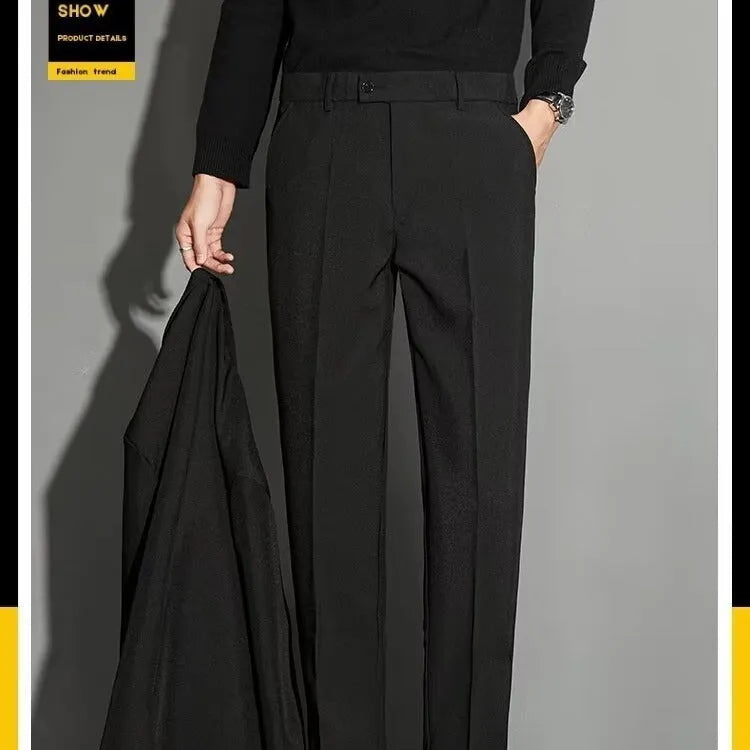 Men's straight-leg ankle-length suit trousers in apricot colour showing business gentleman styling with lightweight draping effect
