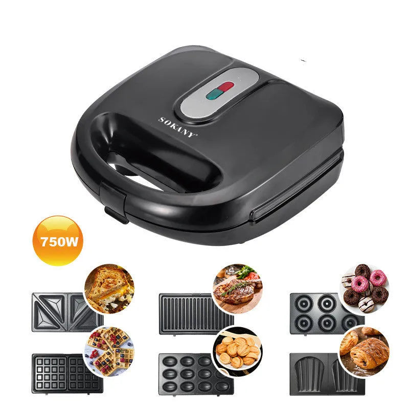 Black double-sided electric sandwich pan with brushed stainless steel lid and six removable non-stick plates.