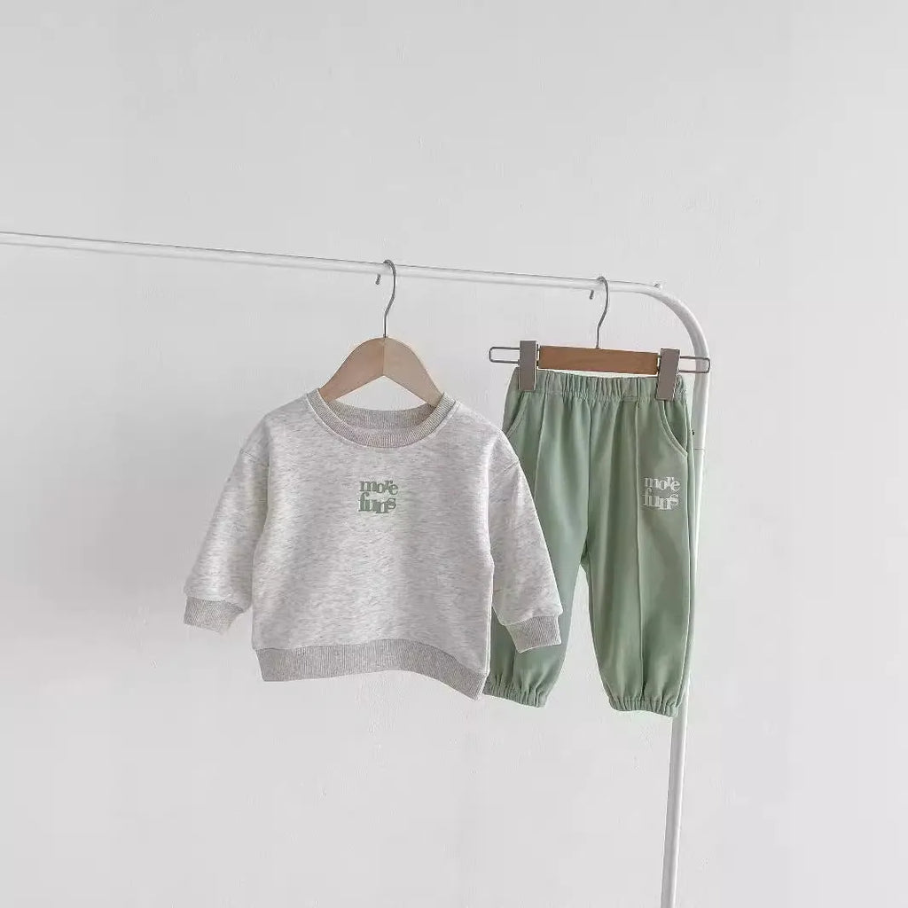Cotton children's sports suit set with lettered sweater and ankle banded pants in Flower Gray colour