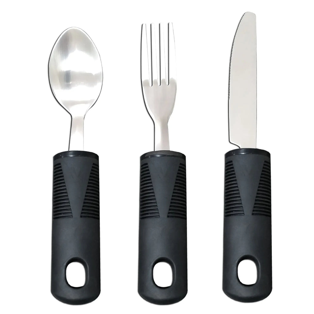 Stainless steel adaptive cutlery set with rubber handles for tremor assistance