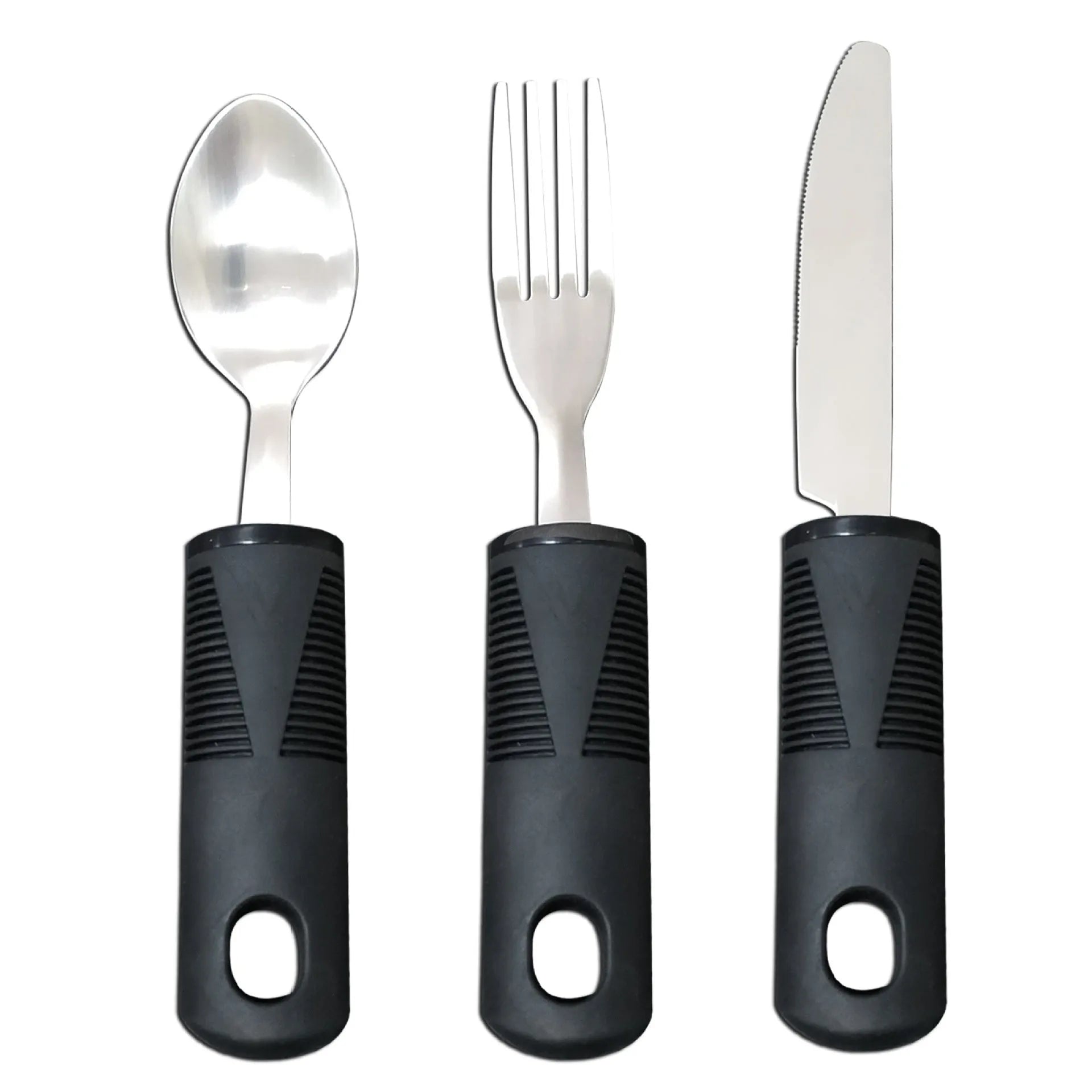 Stainless steel adaptive cutlery set with rubber handles for tremor assistance