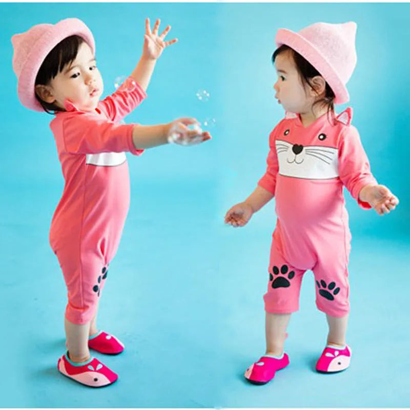 Baby long sleeve one-piece swimsuit in blue with polyester fabric for sun protection during swimming