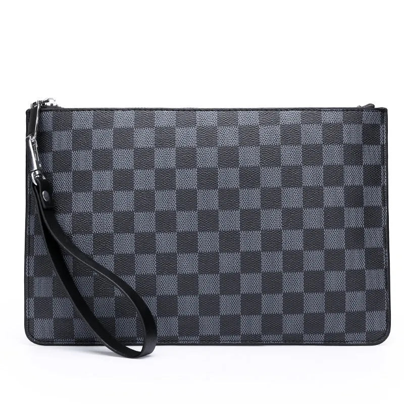 Men's soft PU leather clutch in a plaid pattern, showing internal card slots and zipper pocket.