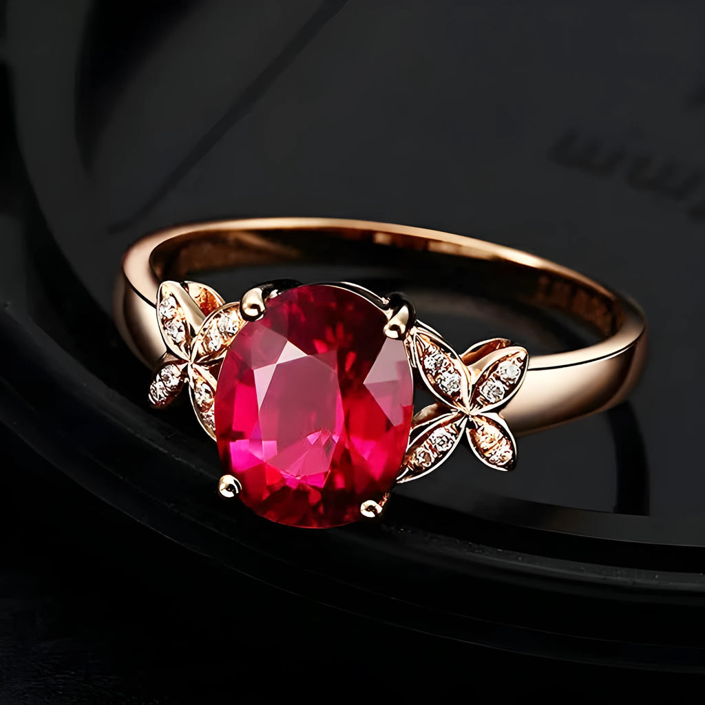 Women's copper butterfly ring with heart shape and rose gold finish showing red gemstone accent option