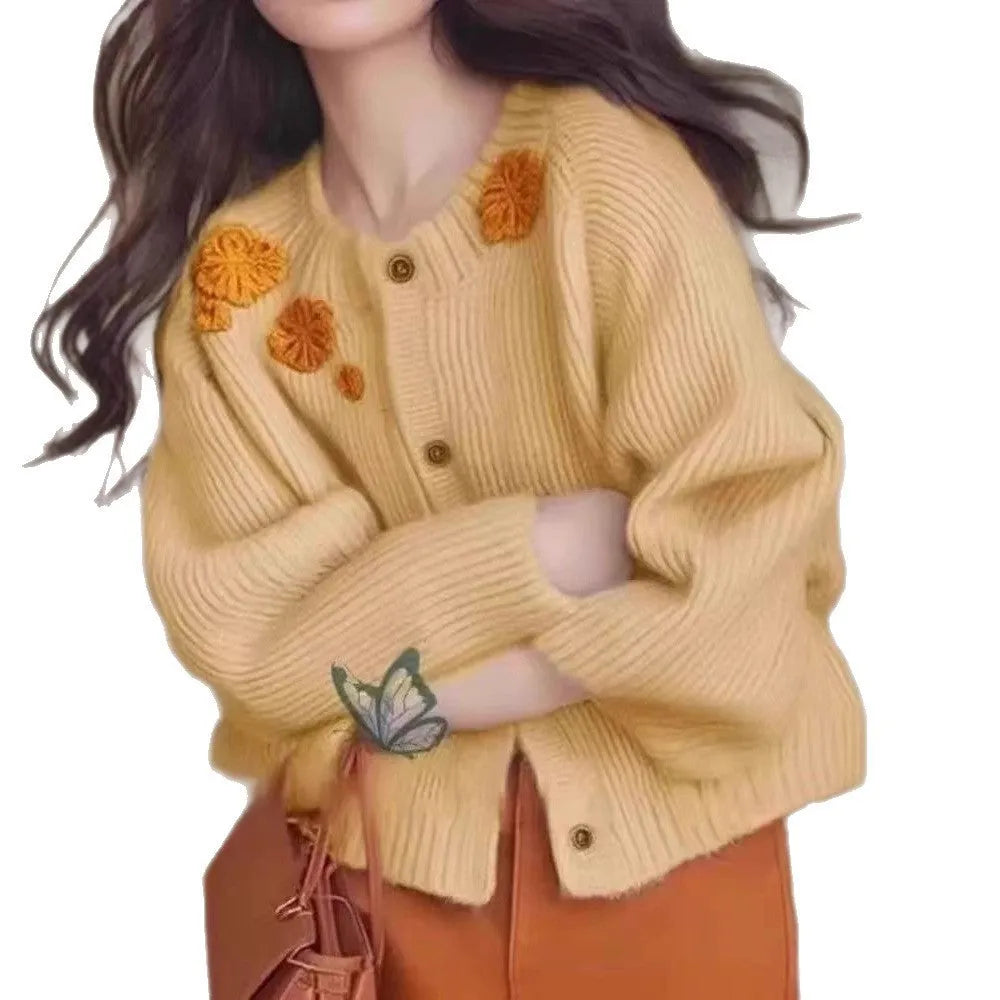 Women's simple embroidered flower age-reducing sweater cardigan in solid colour thick polyester fibre loose fit