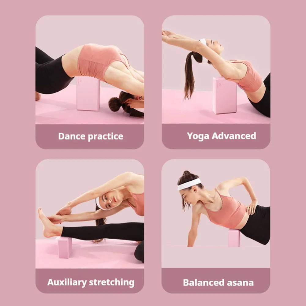 EVA foam yoga blocks in blue pink purple rose colours with grip ridges