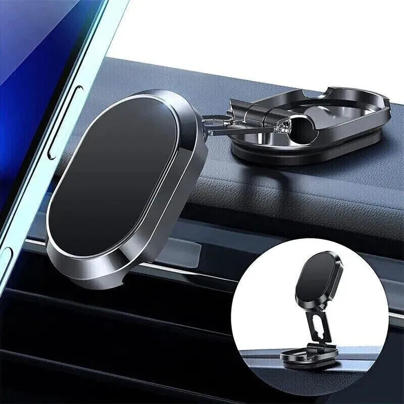 Chrome magnetic car phone holder with foldable bracket on dashboard showing 360-degree rotation