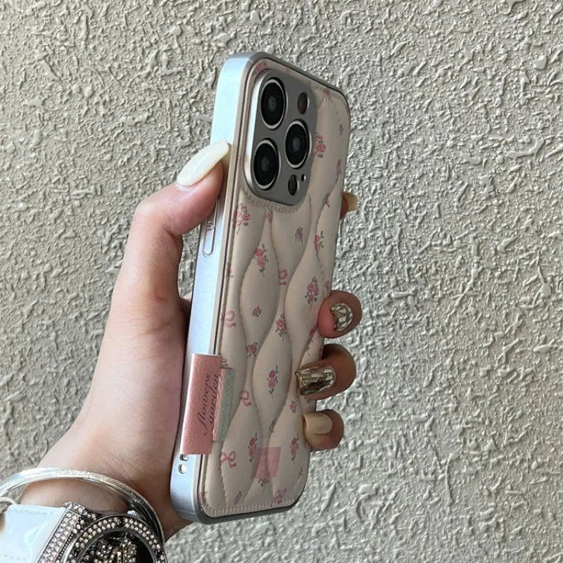 Creative down jacket small floral embossed leather phone case for iPhone with white background pattern