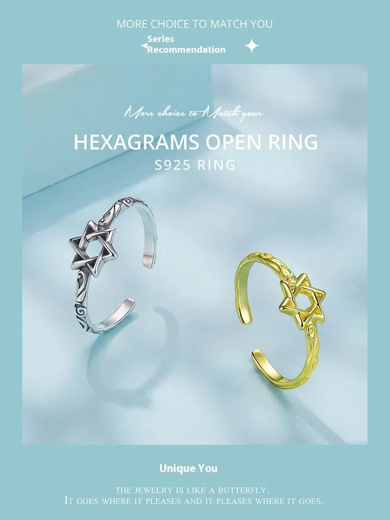 Silver star open ring with six-pointed star shape and retro finish, shown in silver or gold colour option