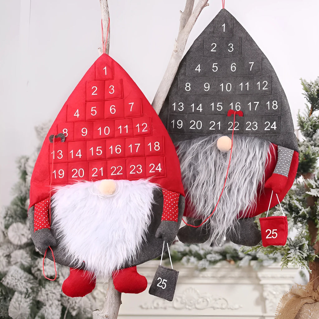 Christmas advent calendar with faceless Santa doll, non-woven fabric, hanging rope, red or grey hat