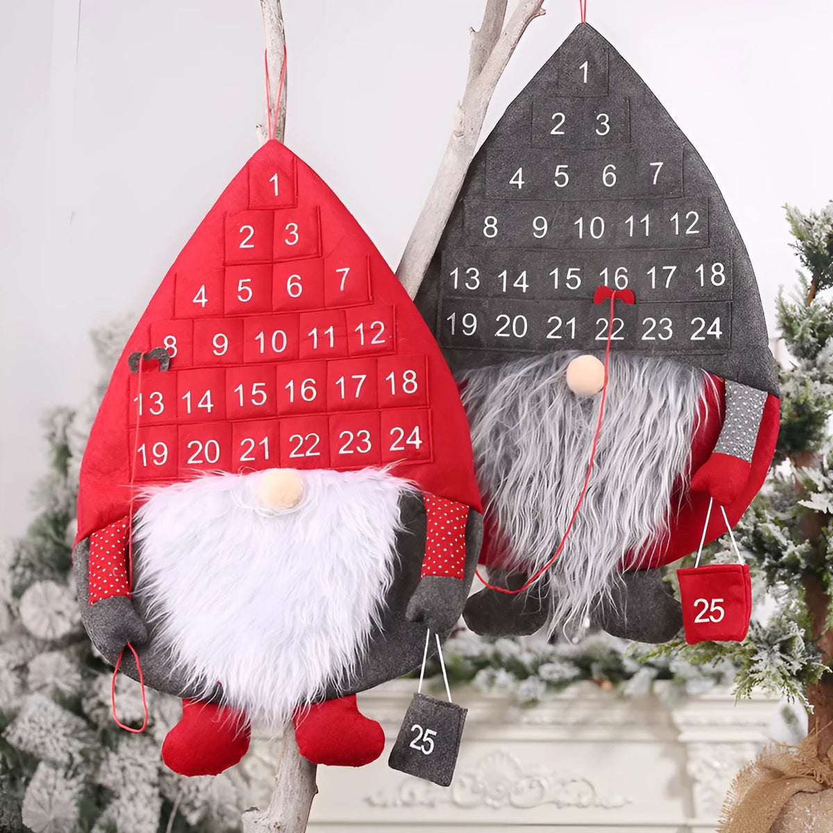 Christmas advent calendar with faceless Santa doll, non-woven fabric, hanging rope, red or grey hat
