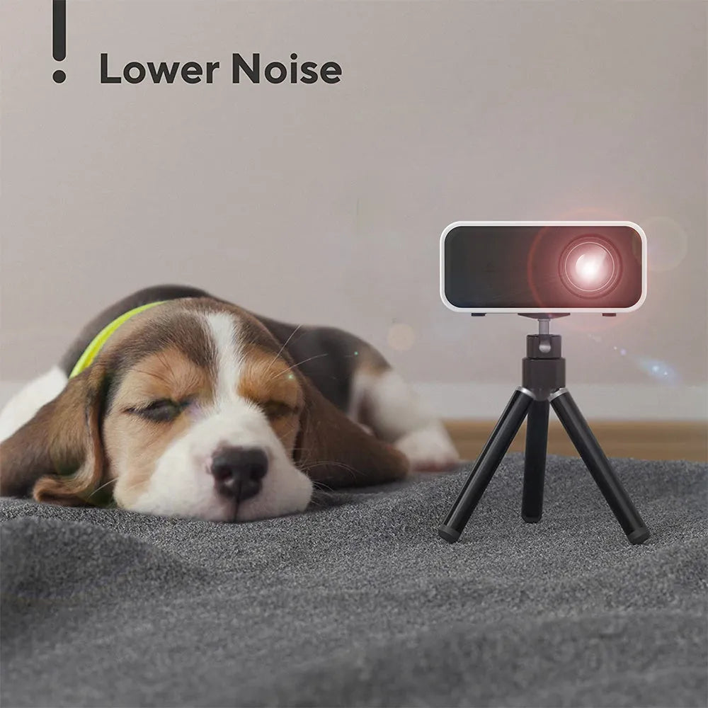 YT300 black or white portable mini projector showing 1080P movie projection on a wall in a dim room.