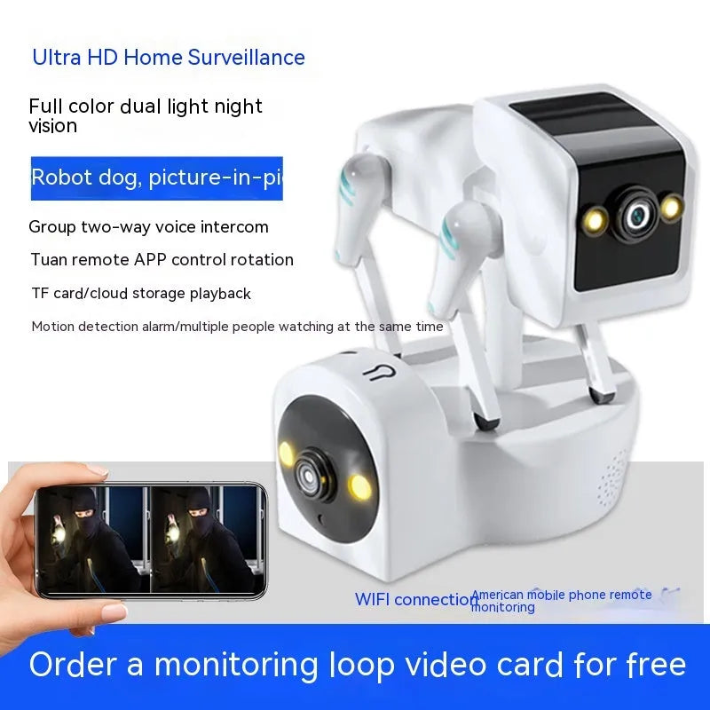 Robot Dog WiFi surveillance camera with 3MP dual camera, smart night vision and 30-day loop video