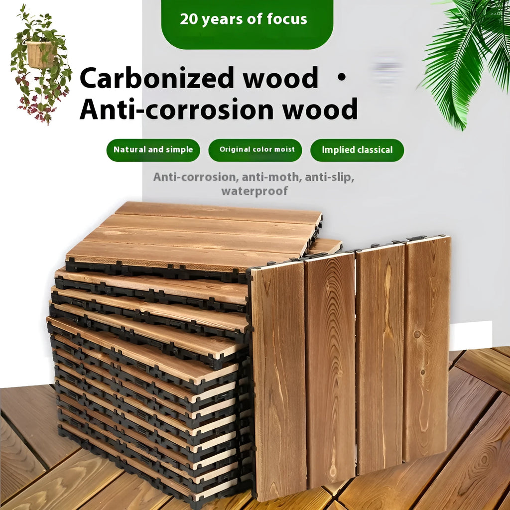 Four square camphor pine wood flooring tiles with a brushed finish, each measuring 30cm by 30cm.