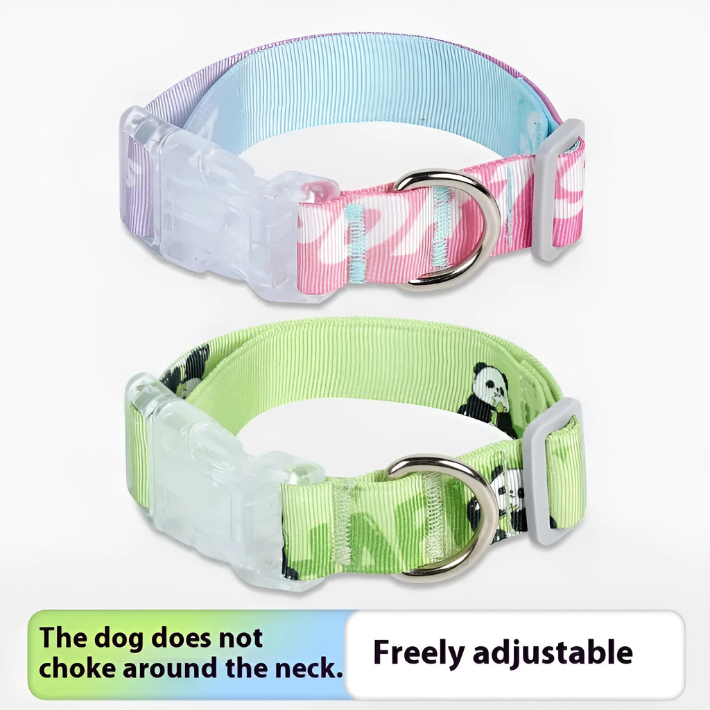 A cartoon gradient print adjustable nylon dog collar shown in sizes S, M, and L for small to large dogs.